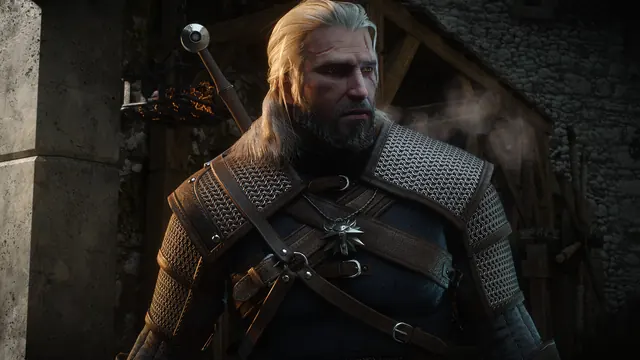 Geralt wearing leather and chainmail armor with his swords on his back